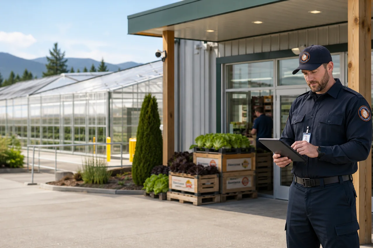 Security service imagery outside an agricultural greenhouse and packing facility