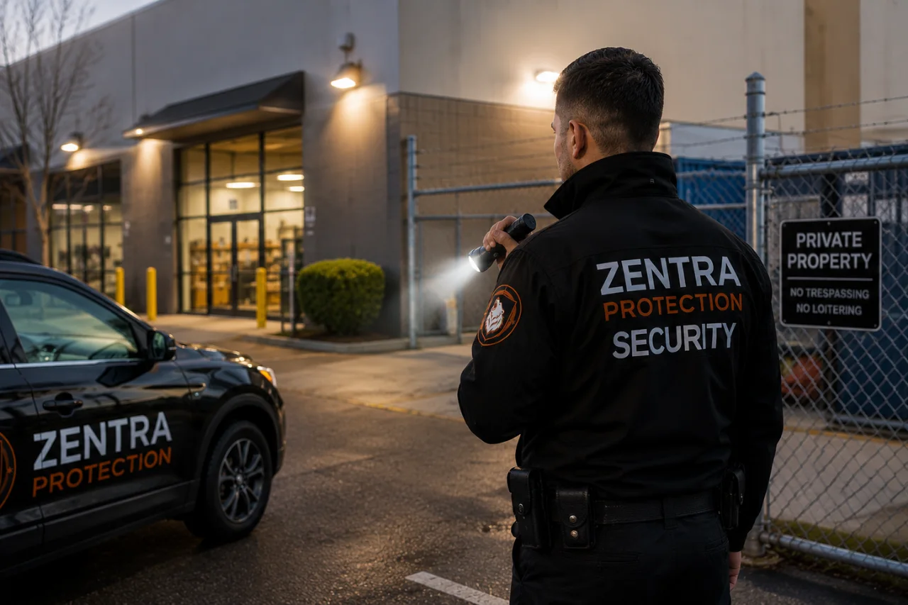 Zentra mobile patrol officer documenting and escalating an after-hours property exception