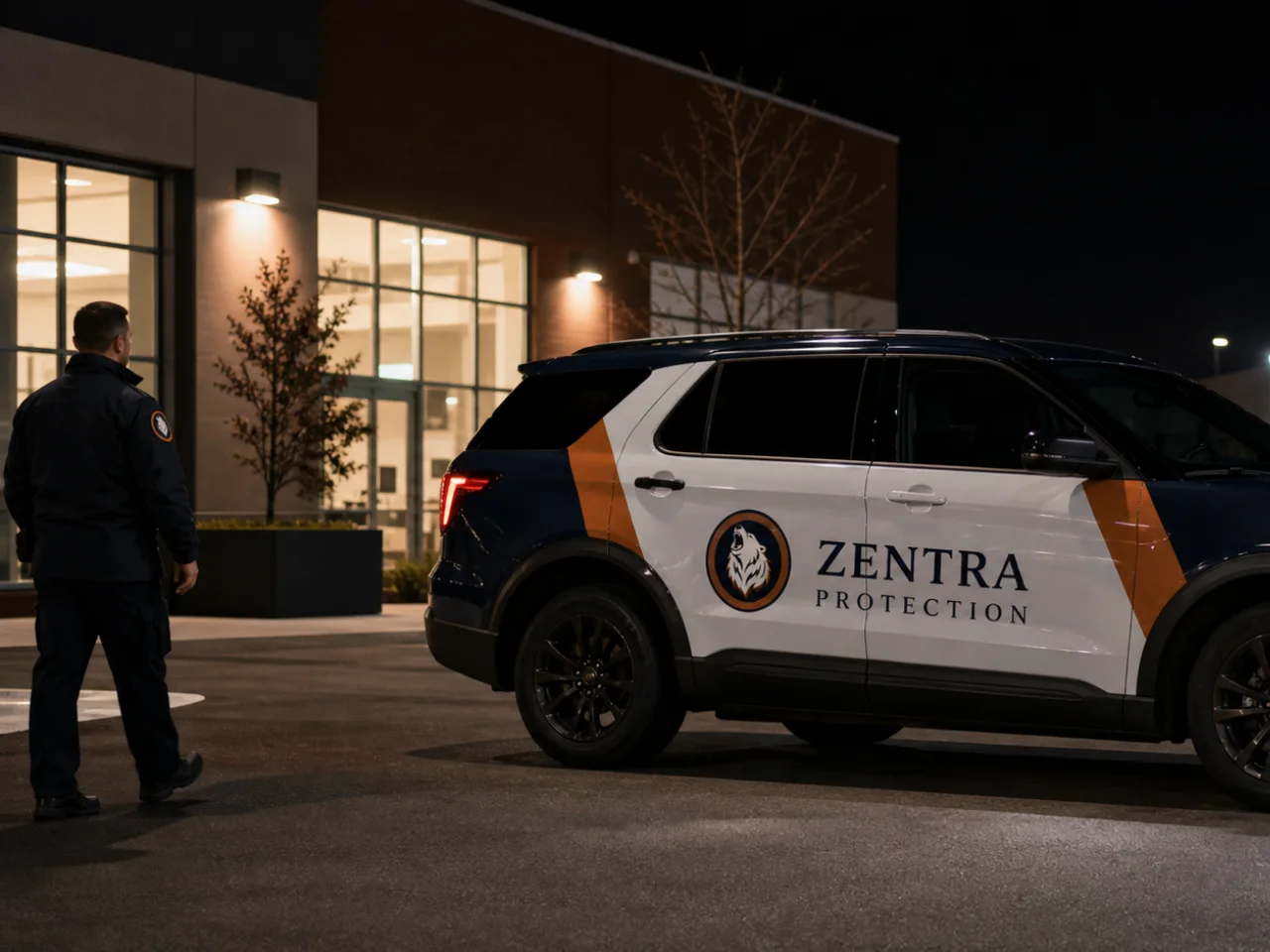 Zentra mobile patrol officer and marked patrol vehicle checking an after-hours commercial property